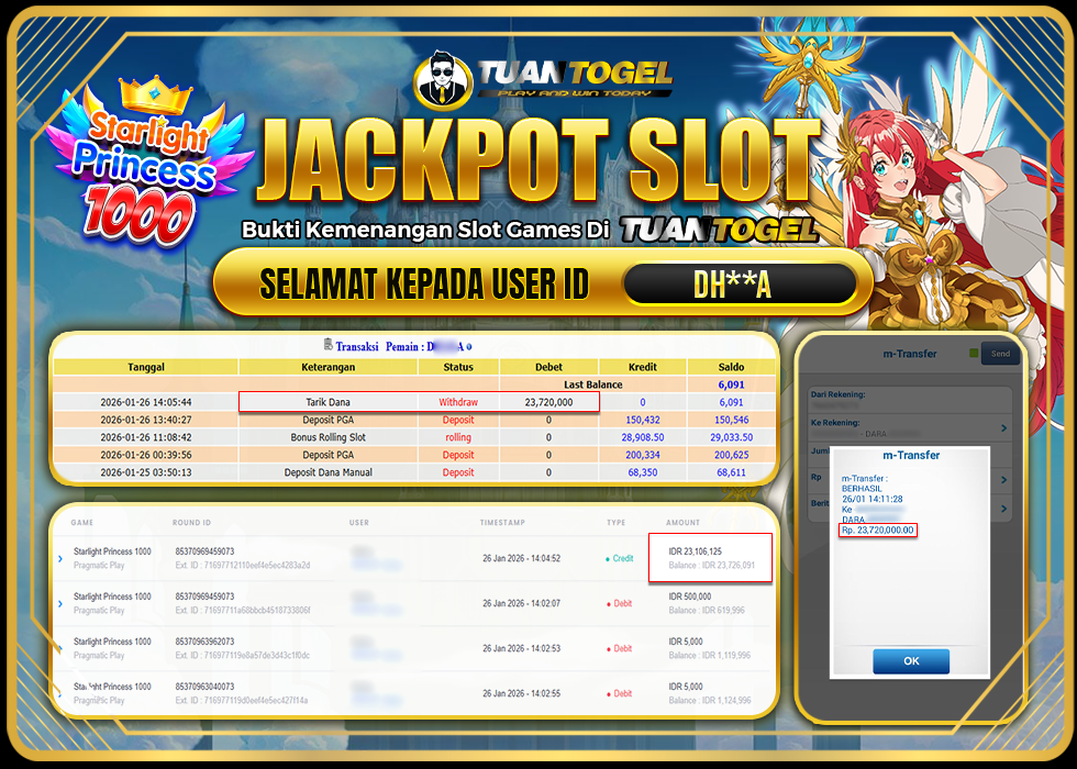TUANTOGEL JACKPOT SLOT STARLIGHT PRINCESS 1000 Rp23.720.000,- LUNAS